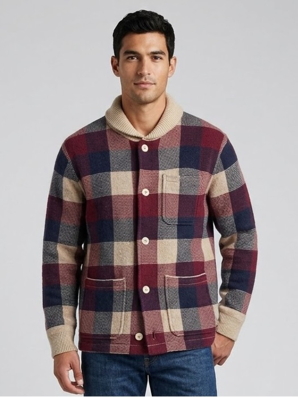 Wallace & Barnes J.Crew Boiled Merino Wool Plaid Chore Jacket Sweater L